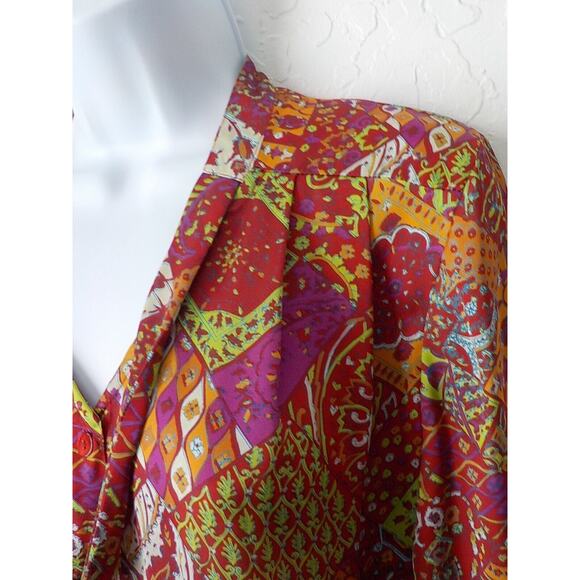 Investments Women 8 Satin Blouse V-Neck Button Up Colorful Boho Floral Bow Tie - Picture 6 of 7